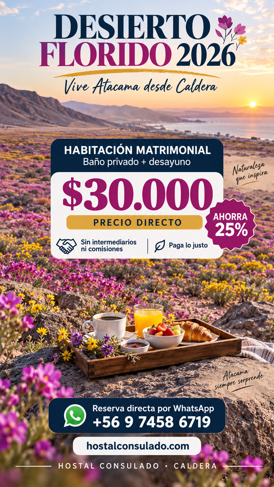 Promoción Desierto Florido en Caldera, Región de Atacama: habitación matrimonial con baño privado y desayuno por 30 mil pesos
